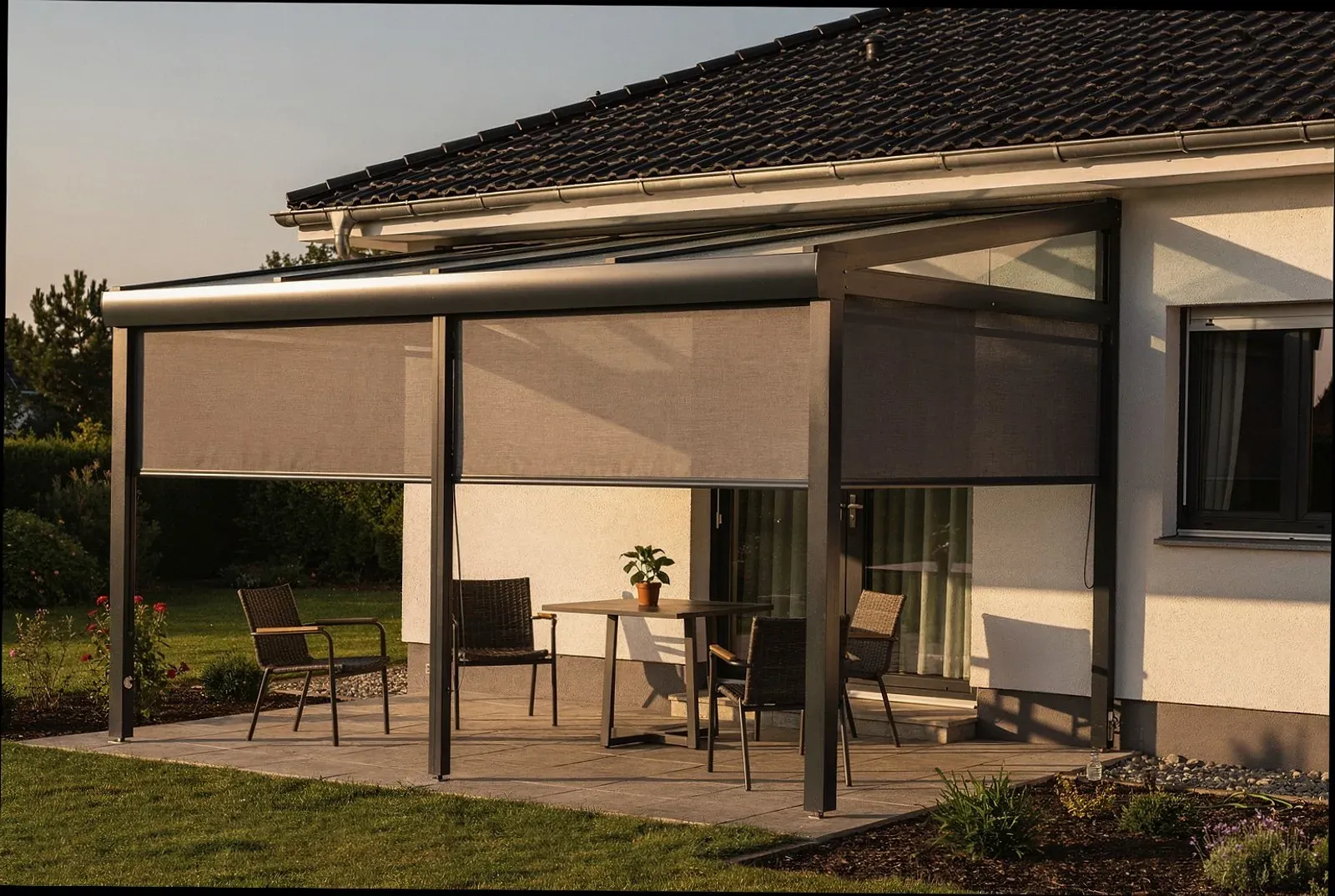 Terrassenüberdachung mit Beschattungssystem in Düsseldorf